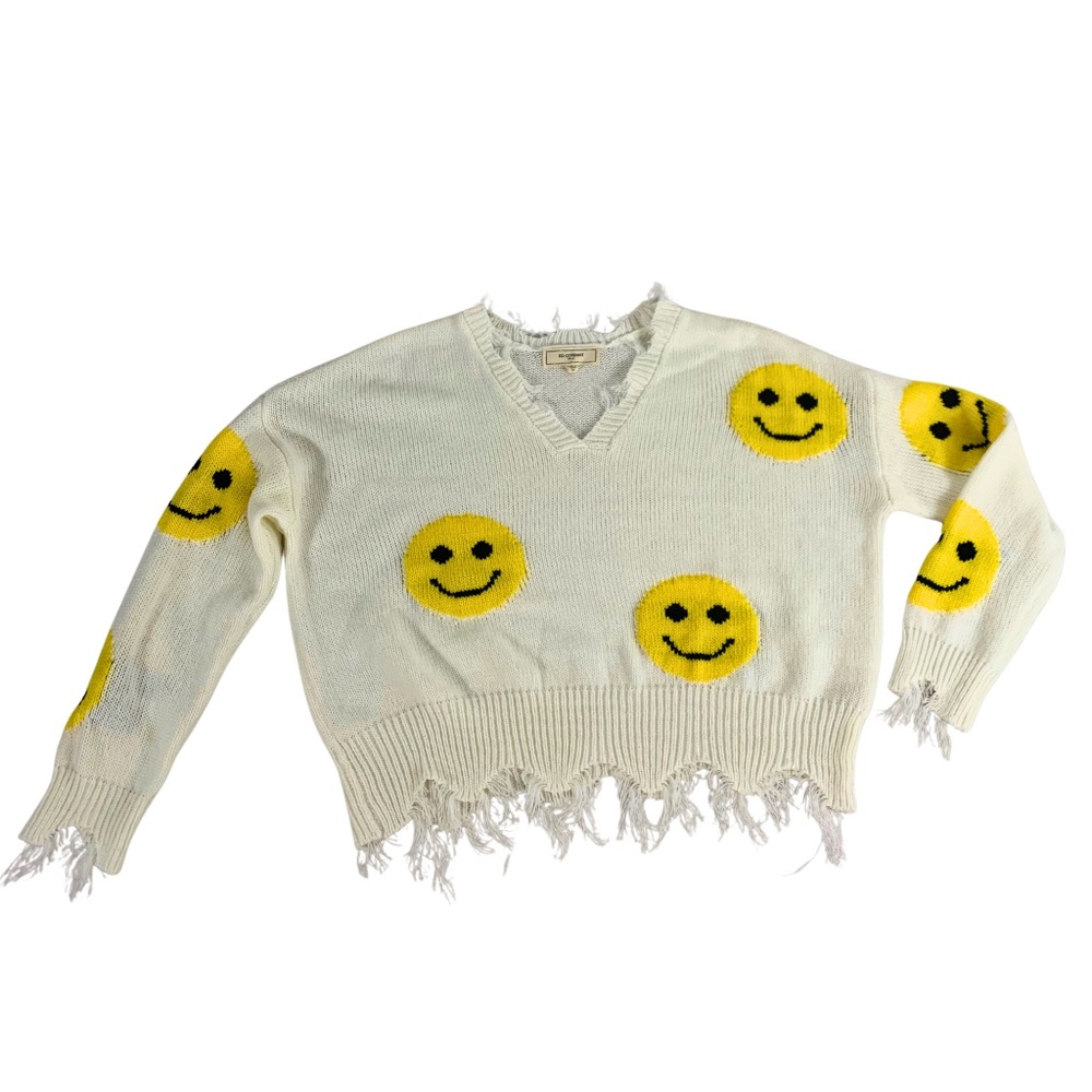 No Comment NY LA Distressed Smiley Cropped Sweater Women’s M Y2K Dopamine Grunge